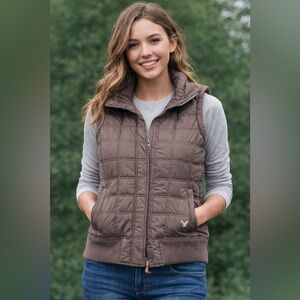 AEO Cottagecore Brown Quilted Puffer Vest Teal Satin Lining Large Cabincore Cozy
